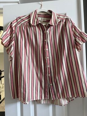 THE GREAT. Pink, Cream & Black Striped Button-Down Blouse